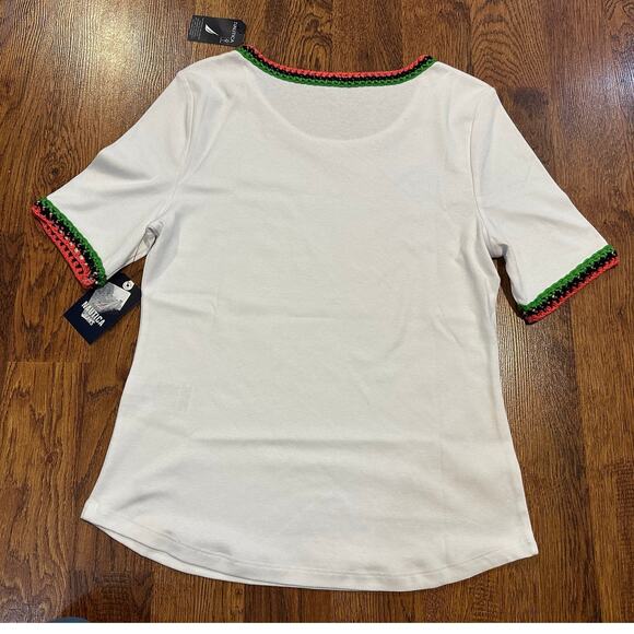 Nautica Jeans Women's Cotton Crochet-Trim Short Sleeve Tee White Size Large NWT - Picture 2 of 7